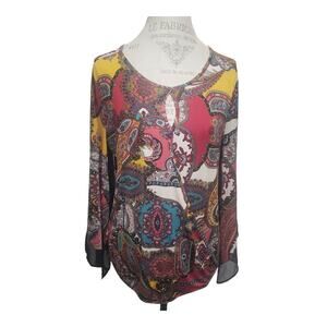 Jennie & Marlis Paisley Geometric Open Underneath Bell 3/4 Sleeve Blouse Top